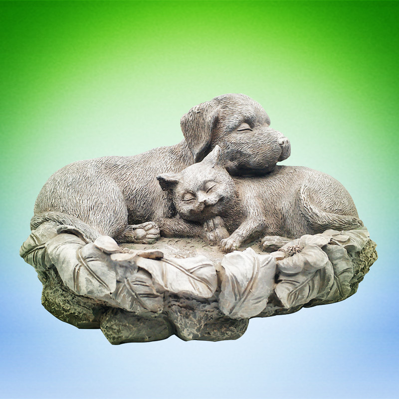 Personalized handmade garden animal statue resin snoozing dog & cat with bird feeder for sale