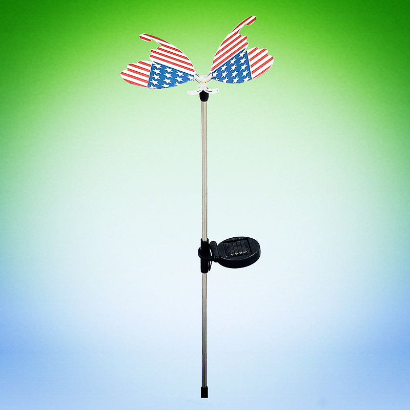 Hot sale solar butterfly printed USA flag garden stake plastic patriotic USA stake with solar LED light for outdoor