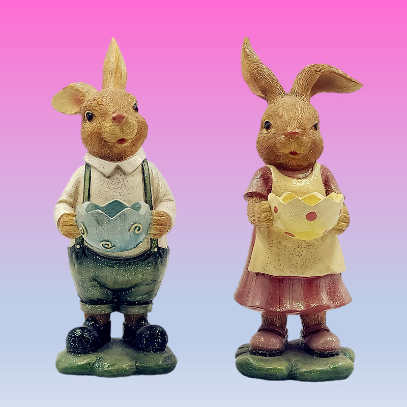 Set of 2 hand painted resin bunny  figurines ornaments rabbit couple statue garden easter home decoration crafts
