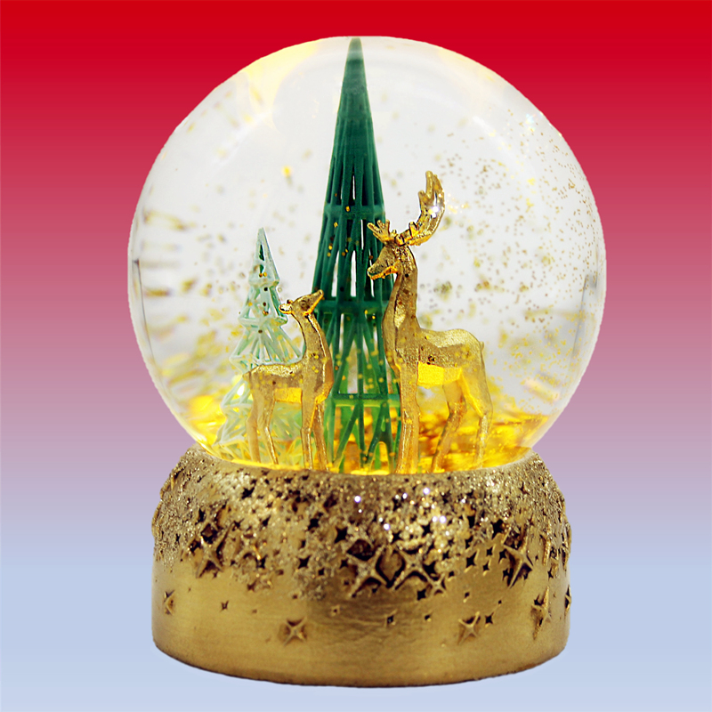 3D snow globe wholesale Led lighting water snow globe with reindeer,fawn & trees christmas tabletop decoration