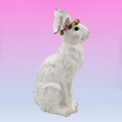 Top quality easter gifts polyresin rabbit with flower garland around head sitting bunny easter spring table top figures