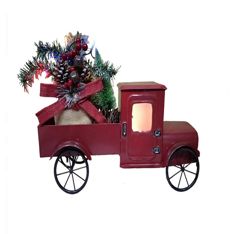 Hot sale metal truck model christmas decoration red metal truck with tree and LED