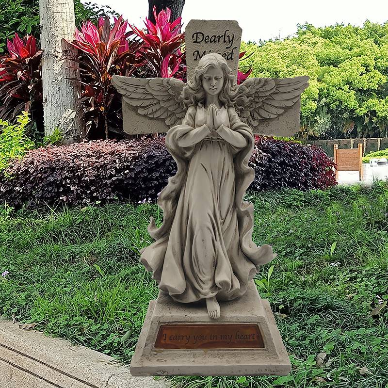 High quality solar praying angel garden decorative polyresin memorial angel cross statue with solar light for outdoor decoration