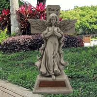 High quality solar praying angel garden decorative polyresin memorial angel cross statue with solar light for outdoor decoration