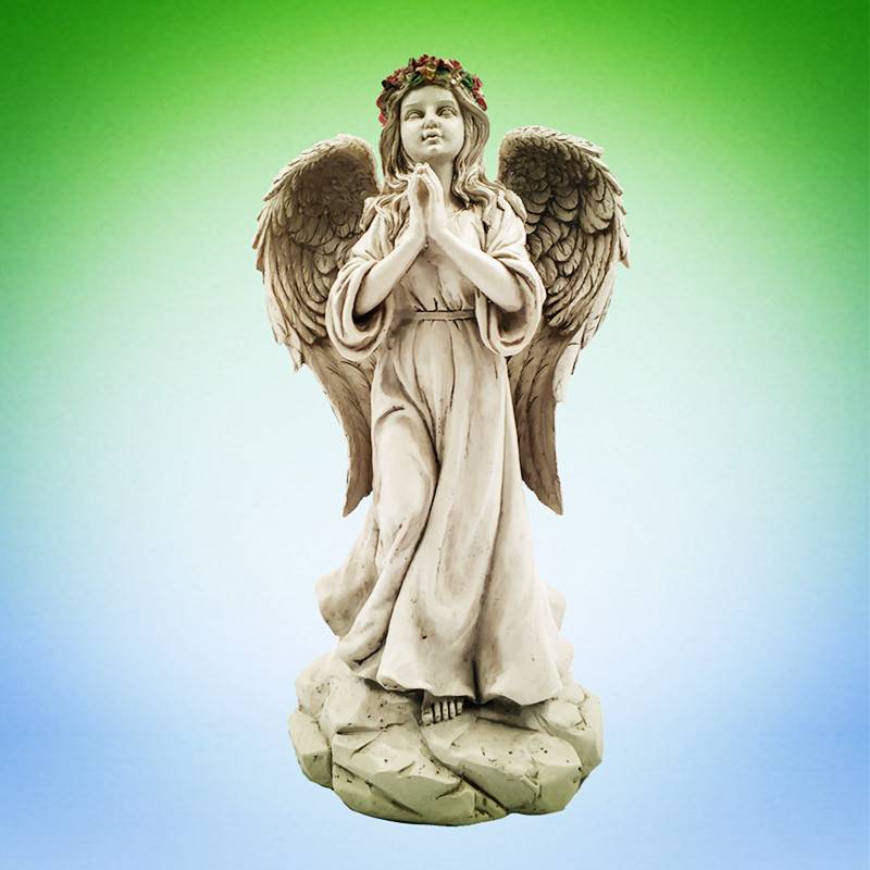 Custom solar memorial angel statue resin praying angel with solar powered light-up roses garden decoration
